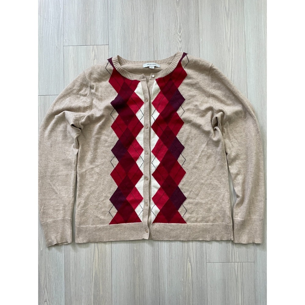 Merona Women's Tan Knit Argyle Button Front Cardigan Wool Blend Sz L 90s Preppy